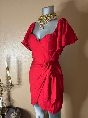 NWT Saints + Secrets Red Sweetheart Wrap Mini Dress with Flutter Sleeves.  Sz S